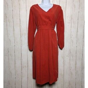 Rust Red Corduroy Cottagecore Long Sleeve Midi Dress Size Small Prairie Autumn